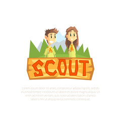 Obraz na płótnie Canvas Scout Banner Template, Scouting Boy and Girl Wearing Scout Uniform, Kids Summer Camp Vector Illustration