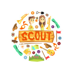 Scout Banner Template with Camping and Hiking Equipment, Scouting Boy and Girl Wearing Scout Uniform, Kids Summer Camp Vector Illustration