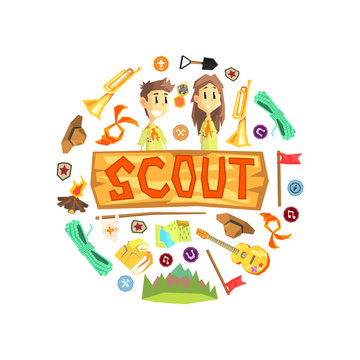 Scout Banner Template with Camping and Hiking Equipment, Scouting Boy and Girl Wearing Scout Uniform, Kids Summer Camp Vector Illustration