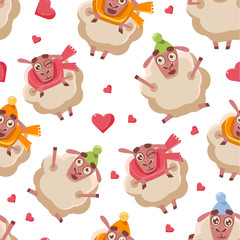 Obraz premium Cute Cartoon Sheep Seamless Pattern, Design Element Can Be Used for Fabric, Wallpaper, Packaging Vector Illustration