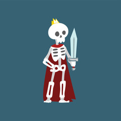Human Skeleton Wearing Red Cloak and Gold Crown Standing with Sword, Funny Dead Man Cartoon Character Vector Illustration