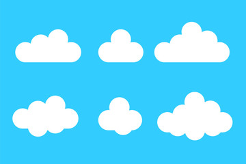 Set of Cloud Icons in cartoon flat style isolated on blue background. Vector design elements weather.