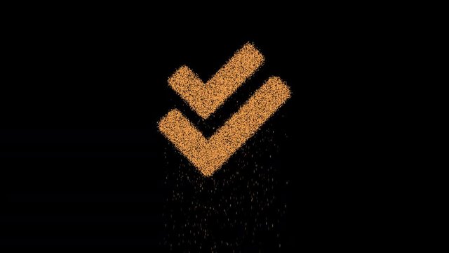 Symbol check double appears from crumbling sand. Then crumbles down. Alpha channel Premultiplied - Matted with color black