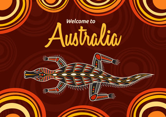 Abstract colorful flyer, poster, banner, placard, brochure design template. Crocodile. Aboriginal style.