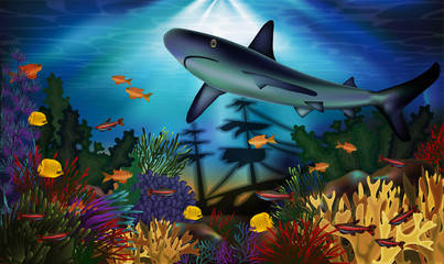 Underwater background with shark and sunken ship, vector illustration