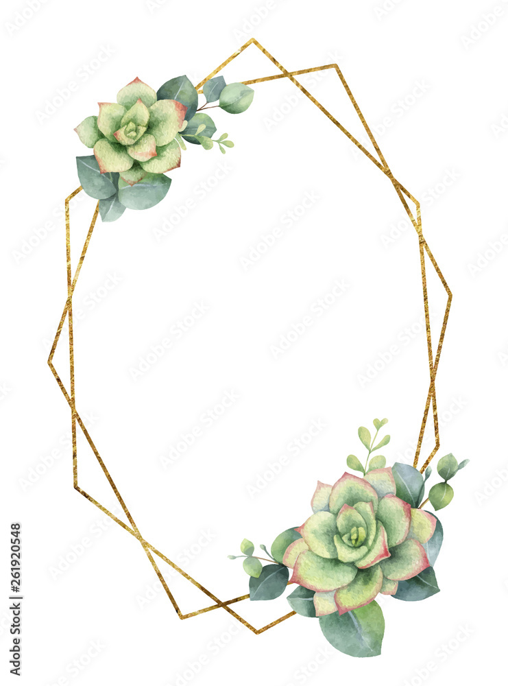 Wall mural watercolor vector composition from the branches of eucalyptus, flowers of succulents and gold geomet - Wall murals