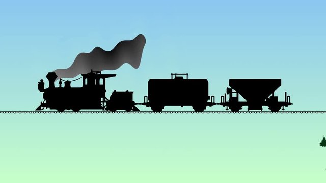 The train moves across the wooded countryside. Cartoon video.