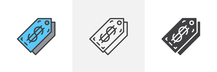 Dollar price tag icon. Line, glyph and filled outline colorful version, Sale tag outline and filled vector sign. Symbol, logo illustration. Different style icons set. Vector graphics