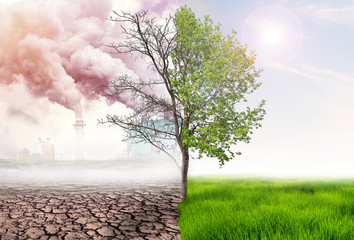 comparing green earth and effect of air pollution from human action, glbal warming concept, green...