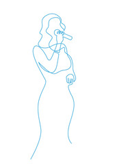 Woman singing karaoke continuous one line drawing. Singer with microphone sing blues.