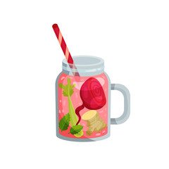 Cocktail with beets, celery, mint, ginger in glass.