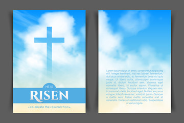 Christian religious design for Easter celebration. Two-sided vertical flyer. Text: He is risen, shining Cross and heaven with white clouds.