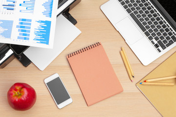 Printer and computer. Office table. Top view.