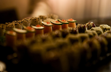 Japanese sushi with blurred background. 