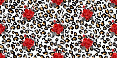 Floral animal seamless vector design print. Leopard texture and flower bouquets. Red rose, burgundy red peony, white anemone, succulent, exotic orchid, fuchsia, dahlia.Trendy fashion stylish pattern. 