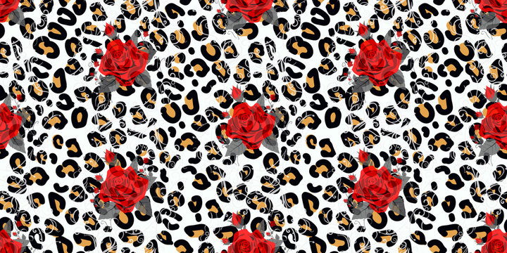 Floral animal seamless vector design print. Leopard texture and flower bouquets. Red rose, burgundy red peony, white anemone, succulent, exotic orchid, fuchsia, dahlia.Trendy fashion stylish pattern. 