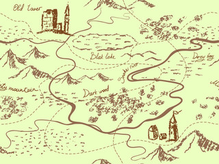 Aged fantasy vintage seamless map with mountains, buildings, trees, hills, river. Hand drawn fairytale historic treasure map. Seamless texture background, vector.