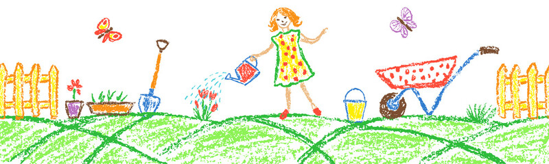 Obraz na płótnie Canvas Seamless border background with girl water the flowers in garden. Gardening tools set. Like child hand drawing outdoor copy space. Crayon pencil vector watering can, shovel, fence, cart, rubber, plant