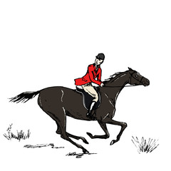 Equestrian sport fox hunting with galloping black horse man rider english style on landscape. England steeplechase horseman tradition. Hand drawing vector vintage horseback art.