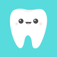 Healthy white tooth icon. Cute cartoon kawaii smiling funny face character. Oral dental hygiene. Children teeth care. Flat design. Blue background.