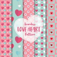 set of Love Heart Seamless Pattern on Romantic Pastel Color. Vector Illustration.	