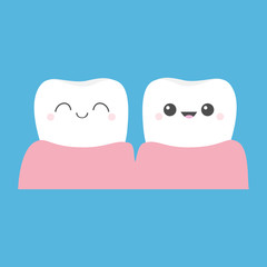 Two healthy white tooth gum icon. Cute cartoon kawaii smiling funny face character. Oral dental hygiene. Children teeth care. Flat design. Blue background.