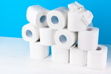 Toilet paper. Close up shot on blue background