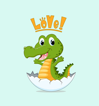 Cute newborn crocodile in the egg shell vector illustration.