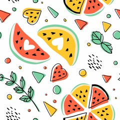 Seamless hipster pattern with watermelons, mint and geometric figures.Bright summer background.