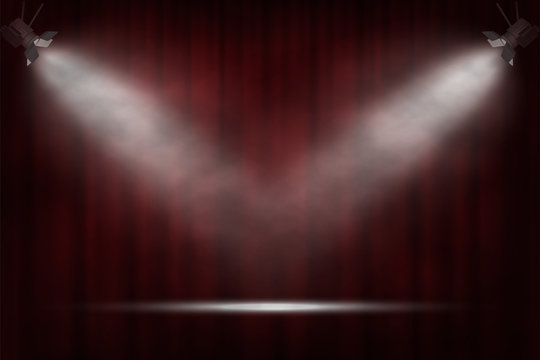 Spotlights on red curtain background. Vector cinema, theater or circus background.