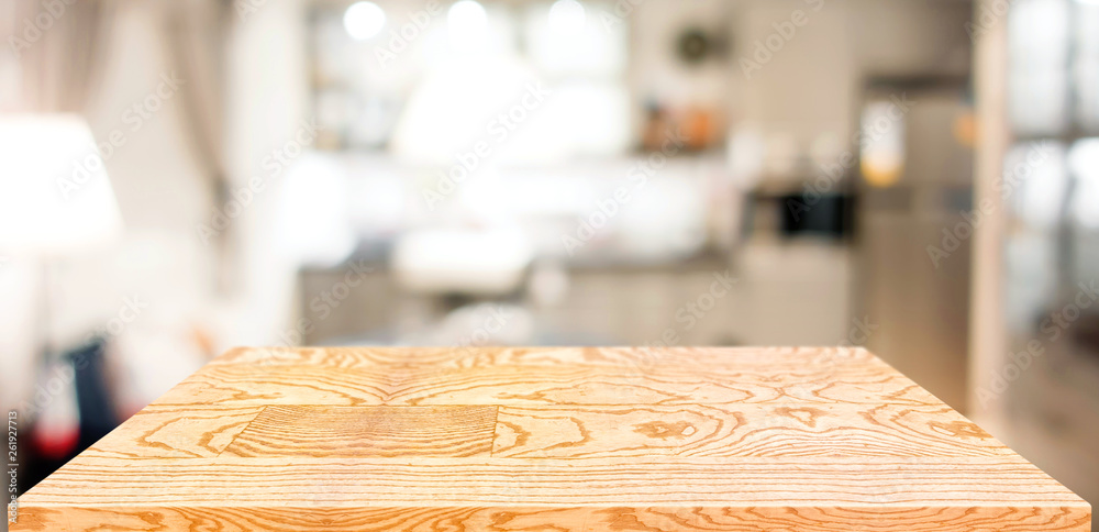 Poster perspective wood table counter in kitchen.empty wooden tabletop with blurred home kitchen background