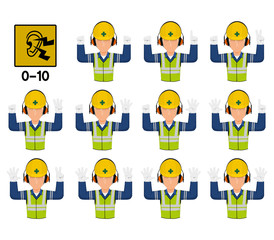 Set of industrial worker with hearing protective equipment is gesturing hand sign (0-10)