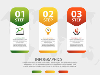 Modern 3D vector illustration. Infographic template with three elements, figures, rectangles, icons. Designed for business, presentations, web design, applications, interfaces, diagrams with 3 steps