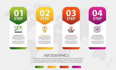 Modern 3D vector illustration. Infographic template with four elements, figures, rectangles, icons. Designed for business, presentations, web design, applications, interfaces, diagrams with 4 steps