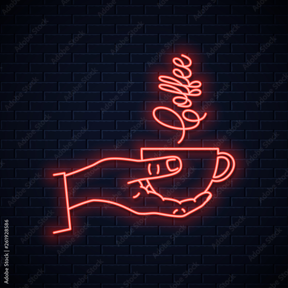 Wall mural Hand hold coffee neon sign. Male coffee cup