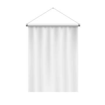 Vertical White Blank Pennant Hanging on a White Wall. Empty Template Illustration of Sport Flag Symbol Mockup
