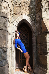 Fototapeta na wymiar Portrait young beautiful brunette woman in blue dress posing against the backdrop of an old castle in the Gothic style