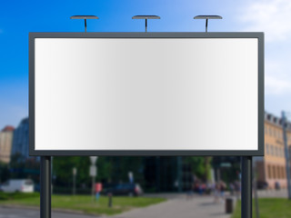 3D rendering of blank billboard (empty advertisement) with city background. Empty mockup template