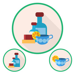 Set of flu icons. Alternative and traditional methods of treatment. Tea with raspberries, pills, syrup, nose drops, drink. Flat