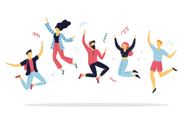 Happy people jumping for joy. Funny hand-drawn cartoon women and men on a party. Concepts of celebration or enjoying life. Vector Illustration.