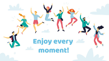 Set of happy jumping people in different poses. Hand-drawn collection of cartoon women and men with text. Doodle funny characters enjoying life and every moment