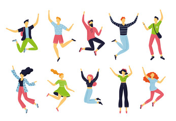 Set of happy jumping people in different poses. Hand-drawn collection of cartoon women and men. Doodle funny characters can be used for partnership, teamwork or celebration concepts.