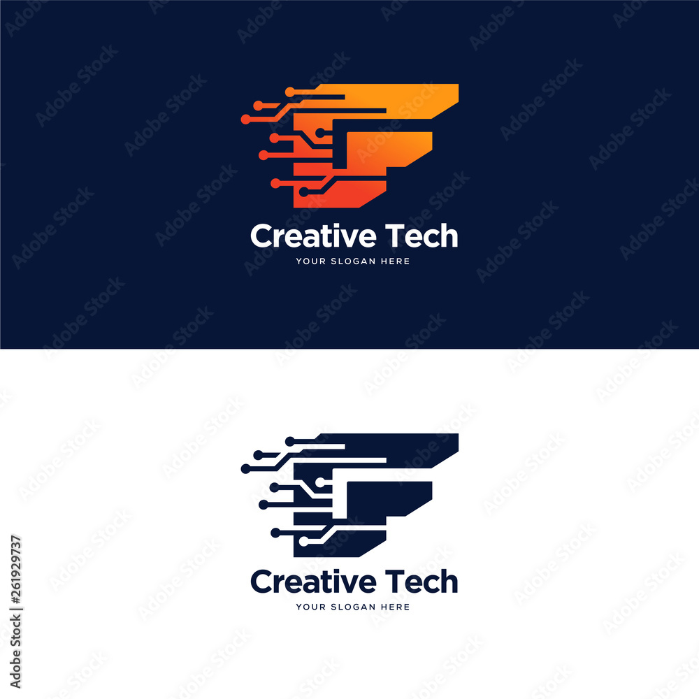 Fototapete f initial tech logo designs vector with modern circuit