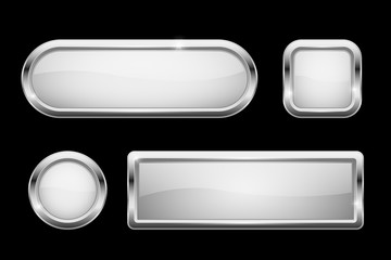 White glass buttons with chrome frame on black background