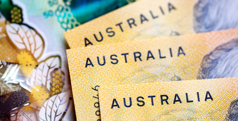 Australian fifty dollar banknotes. The new 2019 issue bill is designed to deter counterfeiting, the note is polymer and water resistant with a clear holographic strip. 