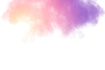 Pink purple and yellow powder explosion on white background.Pink dust splashing.  Launched colorful...