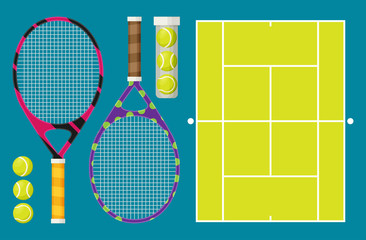 Vector set of tennis rackets and tennis balls