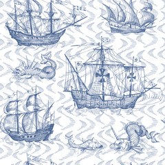 Old caravel, vintage sailboat, sea monster. Seamless pattern