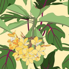 Fototapeta na wymiar Tropical floral summer seamless pattern background with plumeria flowers and exotic leaves. Yellow backdrop.