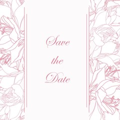 Spring floral border frame template with decorated corner. Lilies line flowers. Pink line design illustration for card or poster. 
